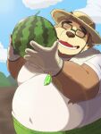  2021 3:4 anthro belly bottomwear brown_body brown_fur clothing eyes_closed eyewear food fruit fur glasses hat headgear headwear hi_res humanoid_hands kemono lifewonders male mammal melon o_miso_n outside overweight overweight_male pants plant shirt solo straw_hat tokyo_afterschool_summoners topwear ursid video_games volos watermelon 