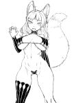  animal_humanoid bangs big_breasts breasts butt_from_the_front canid canid_humanoid canine canine_humanoid ear_piercing fangs female fox_humanoid humanoid looking_at_viewer mammal mammal_humanoid monochrome navel nonneim open_mouth piercing simple_background single_stocking sketch solo 