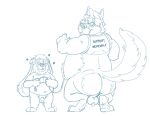  anthro balls belly bravo butt canid canine duo eyewear flaccid genitals glasses lagomorph leash leporid male male/male mammal mature_male navel overweight overweight_male penis rabbit simple_background size_difference were werecanid werecanine werewolf white_background 