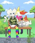  2021 4:5 ambiguous_gender anthro blue_eyes blush braixen breasts camo camo_print clothing cloud digital_media_(artwork) duo female female/ambiguous fur hi_res hoodie kissing kissing_cheek legendary_pok&eacute;mon legwear lgbt_pride multicolored_body multicolored_clothing multicolored_fur multicolored_legwear nintendo nyanpizza o^o outside park park_bench pattern_clothing pattern_legwear pattern_stockings plant pok&eacute;mon pok&eacute;mon_(species) pride_color_clothing pride_color_legwear pride_colors rainbow_clothing rainbow_flag rainbow_legwear rainbow_pride_flag rainbow_symbol reshiram shaded shrub sitting six-stripe_rainbow_pride_colors sky standing stockings striped_clothing striped_legwear striped_stockings stripes surprise topwear tree video_games white_body white_fur yellow_body yellow_fur 