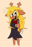  absurd_res anthro antlers biped black_clothing black_dress black_eyes blonde_hair blush book brown_body brown_ears brown_fur buxy capreoline cervid clothed clothing deltarune digital_media_(artwork) dress female front_view fully_clothed fur hair hi_res holding_book holding_object horn long_hair mammal monotone_ears monotone_hair multicolored_body multicolored_fur noelle_holiday open_mouth open_smile portrait pupils red_nose reindeer scut_tail short_tail shy simple_background smile solo standing tan_background three-quarter_portrait two_tone_body two_tone_fur two_tone_tail undertale_(series) video_games white_body white_fur white_pupils white_tail 