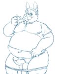  2021 anthro belly bravo clothing eating erection eyewear food genitals glasses hi_res humanoid_genitalia humanoid_hands humanoid_penis lagomorph leporid male mammal mature_male navel overweight overweight_male penis rabbit simple_background sketch solo underwear white_background 