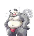  2015 anthro belly black_body blush bulge clothing duo eyes_closed giant_panda kemono male mammal moobs navel nipples overweight overweight_male simple_background tiluta underwear ursid white_background white_body 