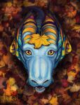  anoroth aquatic_dragon autumn blue_body dragon female feral hi_res leaf leaf_on_head leaves_on_ground marine sitting solo stripes yellow_stripes 