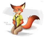  2021 anthro bottomwear brown_body brown_fur canid canine clothed clothing dipstick_tail disney fox fully_clothed fur green_eyes hi_res mammal markings multicolored_tail necktie nick_wilde nightfury2020 orange_body orange_fur pants red_fox shirt simple_background sitting solo tail_markings topwear zootopia 