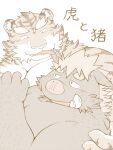  2014 3:4 anthro ast blush comic duo ear_lick embrace felid hug humanoid_hands japanese_text kemono licking male male/male mammal overweight overweight_male pantherine suid suina sus_(pig) text tiger tongue tongue_out wild_boar 