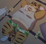  2021 anthro belly bulge clothed clothing detailed_background erection erection_under_clothing felid genitals humanoid_hands kemono lying male mammal morning_wood navel overweight overweight_male pantherine penis penta002 shirt solo tiger tired topwear underwear 