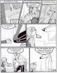  anthro bovid bovine canid canine cape_buffalo chief_bogo clothed clothing comic computer dialogue dipstick_ears disney english_text female fox fur greyscale group hi_res judy_hopps kneeling lagomorph leporid male mammal monochrome multicolored_ears nick_wilde police_uniform rabbit scut_tail shirt short_tail tank_top text the_gory_saint topwear uniform zootopia 