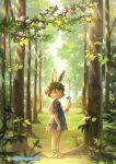  animal_humanoid brown_hair child clothed clothing clover eyebrows female flower footwear forest four_leaf_clover green_eyes hair hi_res holding_object humanoid lagomorph lagomorph_humanoid leporid_humanoid looking_at_viewer mammal mammal_humanoid mifuki32 plant rabbit_humanoid shoes solo tree young 
