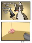  2021 3:4 anthro brain brown_body brown_fur canid canine canis comic coyote dialogue english_text fur gun holding_gun holding_object holding_weapon humor mammal open_mouth organs ranged_weapon spare_(sparecoyote) sparecoyote text weapon 