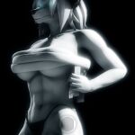 1:1 3d_(artwork) abs anthro bikini bikini_bottom black_background bloom breasts canid canine canis clothing digital_media_(artwork) english_text fan_character female glowing glowing_eyes hi_res ludexus mammal muscular muscular_female navik_gundyr_(ludexus) scar simple_background solo spot_color swimwear text under_boob wolf 