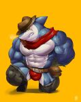  abs anthro belt biceps blue_body bound bulge clothing fish hands_tied hat headgear headwear hi_res indy_jaws level-5 male marine muscular muscular_anthro muscular_male pecs scar scarf shark solo teeth torn_clothing underwear vein veiny_muscles video_games vorusuarts yellow_eyes yo-kai_watch 