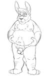  2016 anthro balls belly black_and_white bravo flaccid genitals humanoid_genitalia humanoid_hands humanoid_penis lagomorph leporid male mammal mature_male monochrome moobs navel nipples overweight overweight_male penis rabbit simple_background solo white_background 