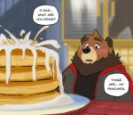  2021 anthro black_nose blush bodily_fluids brown_body brown_fur clothing cum cum_on_food detailed_background dialogue duo ejaculation english_text food fur genital_fluids hi_res hoodie incest_(lore) inside male mammal overweight overweight_male pancake raikuma reflection sitting solo_focus text topwear ursid 