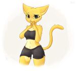  2021 anthro bethesda_softworks bottomwear cheek_tuft clothing facial_tuft felid female fur head_tuft hi_res katia_managan khajiit looking_at_viewer mammal midriff navel nightfury2020 pink_nose prequel shorts solo the_elder_scrolls tuft video_games webcomic yellow_body yellow_fur 