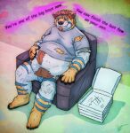  absurd_res anthro belly belly_rub big_belly blue_body blue_fur body_hair brown_body brown_fur bryce_davonport chubby_male clothing content_smile dialogue facial_hair felid food force_feeding forced fur furniture goatee happy_trail hi_res hybrid lukoi lutrine male mammal mustelid overweight overweight_male pantherine pantsless pizza_box shirt slightly_chubby sofa solo stripes tearing_clothing tiger tongue topwear torn_clothing underwear weight_gain 