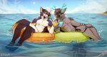  2021 anthro antlers beverage biped canid canine detailed_background duo fox fur grey_body grey_fur hair hi_res holding_beverage holding_object horn inflatable inner_tube male mammal nude open_mouth outside partially_submerged paws swim_ring white_body white_fur zempy3 