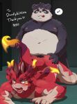  2021 anthro belly blush censored cthugha_(tas) duo giant_panda green_eyes hi_res hijirinoyuta humanoid_hands kemono lifewonders male male/male mammal mav_(deadly_kiten) moobs navel nipples overweight overweight_male red_body sex text tokyo_afterschool_summoners tongue tongue_out ursid video_games 