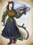  aircraft airplane anthro boots borzoi bottomwear canid canine canis clothing detailed_background domestic_dog dress female footwear gun handgun hi_res holding_gun holding_object holding_weapon hunting_dog long_skirt mammal ranged_weapon ryu_yomori sighthound skirt solo tongue tongue_out weapon 