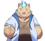  2021 anthro blue_hair blush brown_body clothing gouryou hair hi_res hoodie humanoid_hands lifewonders male mammal nightshowlerid overweight overweight_male shirt simple_background solo suid suina sus_(pig) tokyo_afterschool_summoners topwear video_games white_background wild_boar 