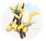  2021 anthro black_body black_fur blue_body blue_fur claws finger_claws fur hi_res legendary_pok&eacute;mon looking_at_viewer multicolored_body multicolored_fur navel nightfury2020 nintendo pok&eacute;mon pok&eacute;mon_(species) sitting solo video_games yellow_body yellow_fur zeraora 