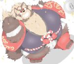  2021 anthro asian_clothing belly black_nose brown_body brown_fur canid canine clothing east_asian_clothing fur goemon_(tas) japanese_clothing kemono lifewonders male mammal obese obese_male overweight overweight_male poketalesof raccoon_dog simple_background solo tanuki tokyo_afterschool_summoners video_games white_background 