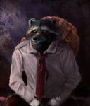  2021 anthro backbone_(game) biped black_nose bottomwear clothing fur grey_body grey_fur hi_res howard_lotor kraneo_m mammal necktie pants procyonid raccoon shirt sitting solo topwear video_games 