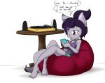  2019 anthro bean_bag becca_(sandwich-anomaly) beverage bottomwear breasts canid canine clothing coffee dialogue digital_media_(artwork) english_text eyelashes feet female fox fur grey_body grey_fur hair hi_res highlights_(coloring) mammal multicolored_hair musical_note phone purple_eyes purple_hair purple_highlights record_player sandwich-anomaly shirt shorts simple_background sitting solo speaker tank_top text toes tongue topwear white_background 