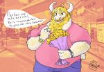  asgore_dreemurr awoonoah beard blonde_hair blue_eyes body_hair bouquet bovid caprine clock clothing cowlick date deltarune dialogue english_text facial_hair flower goat hair hair_bun happibbear horn long_beard long_ears long_hair male mall mammal nervous obese orange_eyes overweight overweight_male plant ring simple_background small_tail solo speech_bubble sweater text topwear undertale undertale_(series) video_games watch 