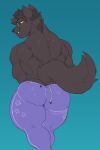  2018 anthro back_muscles big_butt blue_background butt canid canine canis clothed clothing eyewear glasses hi_res looking_back male male/male mammal muscular muscular_male pantheradraws simple_background smile solo thick_thighs topless wolf yellow_eyes 