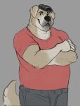  2021 anthro black_nose bottomwear brown_body canid canine canis clothing domestic_dog horrorbuns humanoid_hands male mammal pants shirt simple_background slightly_chubby solo topwear 