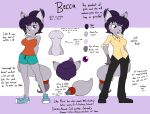  2019 anthro becca_(sandwich-anomaly) big_breasts bottomwear breasts canid canine cleavage clothed clothing curvy_figure digital_media_(artwork) english_text eyelashes feet female fingers footwear fox fur grey_body grey_fur hair hands_behind_back hi_res highlights_(coloring) looking_at_viewer mammal model_sheet multicolored_hair purple_eyes purple_hair purple_highlights sandwich-anomaly shirt shoes shorts simple_background solo tank_top text tongue topwear voluptuous wide_hips 