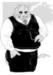  2021 anthro belly biped blush bottomwear clothing hi_res humanoid_hands kemono male mammal monochrome necktie overweight overweight_male pants shintatokoro shirt smoking solo suid suina sus_(pig) topwear wild_boar 