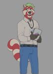  2021 ailurid anthro biped black_nose blue_eyes bottomwear clothing eggplant food fruit green_hair hair horrorbuns humanoid_hands male mammal pants plant red_body red_panda shirt simple_background solo topwear 