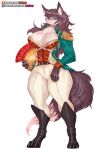  anthro big_breasts breasts brown_hair canid canine cleavage clothed clothing female girlsay hair hi_res mammal simple_background solo text url white_background wide_hips 
