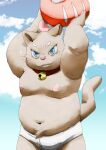  2021 anthro ball belly blue_eyes bulge clothing collar domestic_cat felid feline felis humanoid_hands kemono male mammal meg_hoi moobs navel nipples outside overweight overweight_male pink_nose solo underwear 
