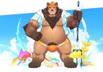  anthro belly blue_clothing blue_topwear bottomwear brown_body brown_fur bulge clothed clothing eyebrows fur hair kulplant lingguang male mammal marine melee_weapon nipples notes_of_hearts one_eye_closed open_clothing open_topwear orange_bottomwear orange_clothing orange_hair overweight overweight_anthro overweight_male polearm pubes solo standing swimwear topwear trident ursid weapon 