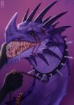  bodily_fluids claws collar dragon dreamworks duo feral how_to_train_your_dragon male pink_tongue purple_body purple_scales pythor_(fan_character) riorix saliva saliva_string scales scar sharp_teeth skrill_(species) smile solo_focus spiked_collar spikes teeth tongue wyvern 