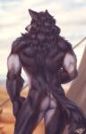  2021 anthro back_muscles big_muscles black_nose blurred_background butt canid canine canis cloud detailed_background digital_media_(artwork) einarr_(personalami) fur grey_body grey_fur hand_on_leg hand_on_thigh hi_res male mammal mane markings muscular muscular_anthro muscular_male nude outside overcast personalami portrait quads rear_view signature sky solo standing three-quarter_portrait triceps whisker_markings wolf 