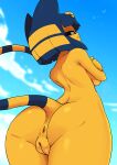  absurd_res ambient_bird animal_crossing ankha_(animal_crossing) anthro arched_back ashraely avian bird blue_hair blue_sky blush breasts butt butt_shot cloud crossed_arms curvy_figure digital_media_(artwork) domestic_cat egyptian felid feline felis female frown fur genitals hair hi_res legs_together looking_at_viewer looking_back looking_down low-angle_view mammal markings narrowed_eyes nintendo nude plump_labia portrait pussy raised_tail rear_view side_boob simple_background sky solo squint standing striped_markings striped_tail stripes tail_markings thick_thighs three-quarter_portrait uraeus video_games voluptuous wide_hips y_anus yellow_body 