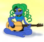  &lt;3 &lt;3_eyes 2019 alien alien_humanoid big_breasts black_sclera blue_body blue_skin bottomwear breasts clothing collar crop_top digital_media_(artwork) eyelashes eyeshadow feet female finegrs green_hair green_highlights guitar hair hi_res highlights_(coloring) humanoid makeup meratrix musical_instrument not_furry playing_music plucked_string_instrument pseudo_hair sandwich-anomaly shirt shorts simple_background sitting smile solo string_instrument tessi_(dinonickp) toes topwear under_boob yellow_eyes 