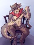  3:4 bottomwear canid canine canis clothed clothing cowboy cowboy_hat cowboy_outfit coyote hat headgear headwear hi_res male mammal open_bottomwear open_clothing open_pants pants rope shirokoi shirtless teasing temptations_ballad_(visual_novel) wes_(temptations_ballad) 