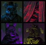  2021 animatronic anthro avian balloon beak bib big_bow_tie bird black_nose blonde_hair blue_body blue_eyes blue_fur blue_nose blue_sclera bonnie_(fnaf) bow_tie canid canine chica_(fnaf) chicken close-up clothed clothing curtains curtains_open detailed drawing eye_patch eyewear fangs female fenneccherry five_nights_at_freddy&#039;s fox foxy_(fnaf) freddy_(fnaf) fur galliform gallus_(genus) group hair half-closed_eyes hat headgear headwear hi_res inflatable inside lagomorph leporid long_ears looking_at_viewer machine male mammal multicolored_nose narrowed_eyes open_mouth peaking peaking_through_curtains phasianid photo pirate portrait purple_body purple_ears purple_eyes purple_nose purple_sclera rabbit red_body red_eyes red_sclera restaurant robot round_ears sharp_teeth short_hair stage stage_curtains standing star teeth top_hat ursid video_games wire yellow_beak yellow_body yellow_eyes yellow_sclera 