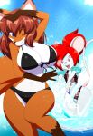  anthro big_breasts bikini breast_size_difference breasts canid canine cleavage clothed clothing eyewear female fox glasses hair hi_res kojiro-brushard mammal mouse murid murine red_hair rodent swimwear water white_body wide_hips 
