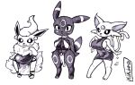  anthro big_breasts blush bottomwear breasts clothed clothing dress eeveelution espeon female flareon greyscale group loincloth milkibar00 monochrome nintendo overweight pok&eacute;mon pok&eacute;mon_(species) pok&eacute;morph short_stack simple_background skimpy standing trio umbreon video_games white_background wide_hips 