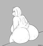  anthro back_boob big_breasts big_butt bovid breasts butt caprine cellulite chubby_female female goat hi_res huge_breasts huge_butt krowkwill looking_at_viewer looking_back mammal monochrome nude rear_view simple_background sitting solo toriel undertale undertale_(series) video_games 
