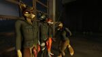 16:9 3d_(artwork) 4k absurd_res anthro bottomless canid canine casual_nudity clothed clothing digital_media_(artwork) female fox genitals group hand_on_penis hat headgear headwear hi_res male male/female mammal military_cap military_uniform penis shirt shirt_only source_filmmaker topwear topwear_only uniform widescreen wolf552906 