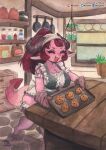  absurd_res animal_humanoid baking big_breasts blush breasts cleavage clothed clothing cookie demon dessert detailed_background eyes_closed female food hair handwear hi_res horn humanoid inside kitchen legwear maid_uniform murazaki open_mouth oven_mitts painting_(artwork) ponytail smile solo thick_thighs thigh_highs traditional_media_(artwork) uniform watercolor_(artwork) wide_hips 