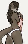  anthro black_nose butt cheeky_panties clothed clothing color_edit colored edit fairdahlia female hair hi_res long_hair long_tail lutrine mammal mustelid nat_(mykegreywolf) panties rear_view shirt_up simple_background smile solo tasteful thick_tail topless underwear undressing 