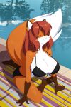  anthro big_breasts bikini breasts canid canine cleavage clothed clothing dipstick_tail eyes_closed female fox hi_res kojiro-brushard mammal markings multicolored_tail solo swimwear tail_markings 